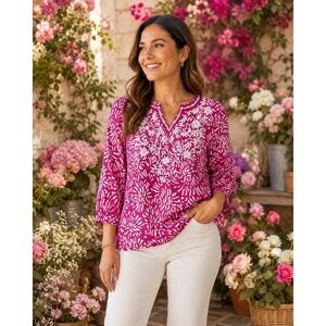 Charter Club Blouse Women Pink White Embroidered Floral Tunic Top 3/4 Sleeve PP
